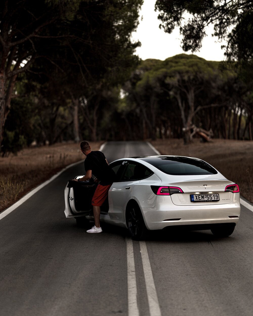 Tesla parked with a man getting out