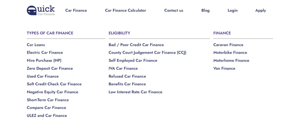 Quick Car Finance website menu